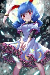 Rule 34 | 1girl, animal ears, blood, blood on face, blue dress, blue hair, cloud, commentary request, crescent, crescent print, dress, earclip, feet out of frame, finger gun, frown, full moon, furrowed brow, hair between eyes, head tilt, high collar, highres, kayon (touzoku), layered dress, legs apart, leotard, leotard under clothes, light particles, looking at viewer, low twintails, moon, night, outdoors, own hands together, puffy short sleeves, puffy sleeves, rabbit ears, red eyes, seiran (touhou), serious, short hair, short sleeves, solo, standing, star (symbol), star print, touhou, twintails
