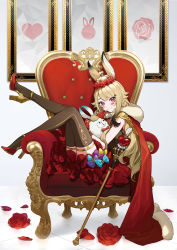 Rule 34 | 1girl, animal ears, anon non, blonde hair, brown thighhighs, cape, closed mouth, crown, facial mark, flower, full body, fur-trimmed cape, fur trim, hair ornament, heart, heart hair ornament, high heels, highres, legwear garter, long hair, looking at viewer, petals, prism project, rabbit ears, red cape, red eyes, red flower, red rose, rose, solo, thighhighs, throne, very long hair, virtual youtuber, yuu (higashi no penguin)