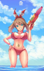 Rule 34 | 10s, 1girl, alternate color, beach, bikini, breasts, breasts apart, brown hair, cloud, covered erect nipples, creatures (company), female focus, game freak, green eyes, hair ribbon, large breasts, looking at viewer, looking down, may (pokemon), navel, nintendo, piercing, pokemon, pokemon oras, revolverwing, ribbon, shiny skin, short hair, solo, swimsuit, water