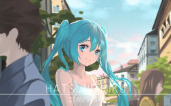 Rule 34 | 1boy, 2016, 2girls, blue eyes, blue hair, breasts, character name, cloud, day, hatsune miku, highres, long hair, looking at viewer, multiple girls, muta (csw), outdoors, plant, sky, smile, solo focus, tree, twintails, upper body, vocaloid