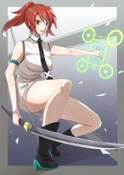 Rule 34 | 1girl, absurdres, bare legs, black footwear, black necktie, boots, brown eyes, chiba erika, collared dress, dress, full body, highres, holding, holding sword, holding weapon, long hair, mahouka koukou no rettousei, necktie, ponytail, red hair, sleeveless, sleeveless dress, solo, squatting, sword, weapon, white dress, yone-chan (kuwm5222)