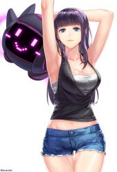 Rule 34 | 00s, 1girl, aken, armpits, arms behind head, blue eyes, breasts, cleavage, dungeon and fighter, female gunner (dungeon and fighter), female mechanic (dungeon and fighter), highres, long hair, looking at viewer, midriff, original, purple hair, shorts, simple background, sleeveless, smile, solo, white background