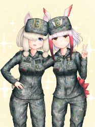 Rule 34 | 2girls, alpaca suri (kemono friends), alternate costume, animal ears, blonde hair, blue eyes, blush, breasts, brown eyes, camouflage, camouflage headwear, camouflage jacket, camouflage pants, character name, closed mouth, digital camouflage, ears through headwear, hair over one eye, hand on another&#039;s shoulder, hat, head wings, highres, jacket, japanese crested ibis (kemono friends), kemono friends, looking at viewer, medium breasts, multicolored hair, multiple girls, neukkom, open mouth, pants, red hair, short hair, smile, tail, v, white hair, wings