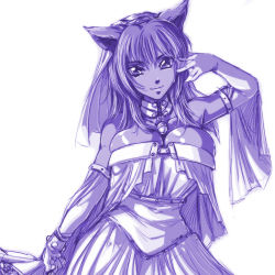 Rule 34 | 1girl, animal ears, arm up, bell, neck bell, breasts, bursting breasts, cat ears, cleavage, collar, daniel fielding, dress, elbow gloves, gloves, large breasts, monochrome, original, purple theme, signature, sketch, solo, wedding dress