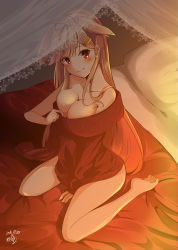 Rule 34 | 1girl, alternate costume, amagami (makise tsubaki), barefoot, bedroom, black ribbon, blonde hair, blush, breasts, cleavage, closed mouth, dated, gradient hair, hair flaps, hair ornament, hair ribbon, hairclip, heart, heart-shaped pupils, highres, kantai collection, large breasts, long hair, looking at viewer, messy hair, multicolored hair, on bed, red eyes, ribbon, sitting, smile, solo, sweater, symbol-shaped pupils, wariza, yuudachi (kancolle), yuudachi kai ni (kancolle)