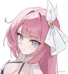 1girl blue_eyes breasts elysia_(honkai_impact) guantoumao-0 hair_ribbon halterneck honkai_(series) honkai_impact_3rd long_hair looking_at_viewer pink_hair ribbon smile solo white_background white_ribbon