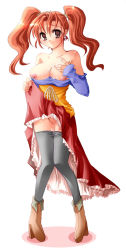 Rule 34 | 1girl, blush, breasts, censored, clothes lift, cum, dragon quest, dragon quest viii, dress, jessica albert, large breasts, mosaic censoring, no panties, ookami ryousuke, red hair, skirt, skirt lift, solo, square enix, strapless, strapless dress, thighhighs, twintails