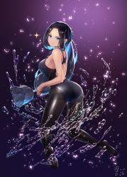 Rule 34 | 1girl, bettle (b s a n), black background, black one-piece swimsuit, black pantyhose, blue eyes, blue hair, competition swimsuit, full body, gradient background, highres, hikage (sennen sensou aigis), kneeling, long hair, looking at viewer, low-tied long hair, multicolored hair, one-piece swimsuit, pantyhose, pantyhose under swimsuit, sennen sensou aigis, shiny clothes, simple background, smile, solo, sparkle, streaked hair, swimsuit, thighband pantyhose, v-shaped eyebrows, very long hair, water, watermark, wet