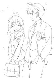 Rule 34 | 1boy, 1girl, ^ ^, akina tsukako, antenna hair, bag, blush, clannad, closed eyes, closed mouth, commentary, cowboy shot, facing another, furukawa nagisa, hair between eyes, hand in pocket, happy, hetero, highres, hikarizaka private high school uniform, holding, holding bag, jacket, long sleeves, looking at another, medium hair, miniskirt, monochrome, okazaki tomoya, open mouth, pleated skirt, profile, school bag, school uniform, short hair, simple background, sketch, skirt, smile, spiked hair, standing, symbol-only commentary, v arms, white background