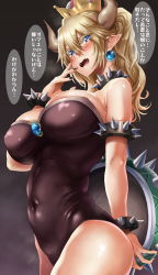 Rule 34 | 1girl, absurdres, arm behind back, armlet, armpits, bare shoulders, black background, blonde hair, blue eyes, blue gemstone, blush, bowsette, bracelet, breasts, cleavage, collar, colored eyelashes, cowboy shot, crown, dress, earrings, embarrassed, eyes visible through hair, fingernails, from side, gem, hair between eyes, hand to own mouth, highres, hikari (komitiookami), horns, jewelry, large breasts, leotard, long fingernails, long hair, looking at viewer, mario (series), navel, new super mario bros. u deluxe, nintendo, parted bangs, pointy ears, ponytail, sharp teeth, simple background, skin tight, smile, solo, spiked armlet, spiked bracelet, spiked collar, spikes, standing, super crown, teeth, translation request, wavy mouth