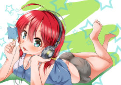 Rule 34 | 1girl, :p, absurdres, ahoge, ass, bare shoulders, barefoot, blue eyes, blush, boyshorts, breast press, breasts, butt crack, dimples of venus, headphones, highres, legs, legs up, long hair, looking at viewer, lying, on stomach, original, popsicle, red hair, scrunchie, smile, sweatdrop, tongue, tongue out, yuumaru (you-mya)