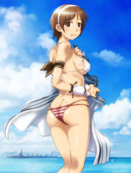 Rule 34 | 1girl, arm ribbon, ass, bikini, black ribbon, blush, breasts, brown eyes, brown hair, butt crack, cloud, commentary request, covered erect nipples, day, dimples of venus, from behind, hairband, holding, holding towel, kantai collection, kneepits, looking at viewer, looking back, medium breasts, mismatched bikini, natori (cruiser), natori (kancolle), outdoors, parted lips, ribbon, sameha ikuya, ship, short hair, sky, solo, standing, swimsuit, towel, water, watercraft