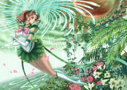 Rule 34 | 1girl, art nouveau, bishoujo senshi sailor moon, boots, bow, brooch, brown hair, character name, choker, eclosion, elbow gloves, expressionless, flower, full body, gloves, green eyes, green skirt, green theme, high heel boots, high heels, jewelry, kino makoto, knee boots, leaf, lily (flower), magical girl, petals, pillar, pink bow, pink flower, pink rose, plant, ribbon, rose, sailor collar, sailor jupiter, short hair, skirt, solo, star brooch, super sailor jupiter (stars), tiara, vines, white footwear, white gloves