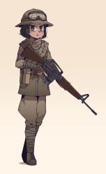 Rule 34 | 1girl, ammunition pouch, assault rifle, bandaged arm, bandages, black hair, blush, boots, brown eyes, fallout (series), fallout: new vegas, goggles, goggles on head, gun, highres, holding, holding weapon, karepack, military, military uniform, open mouth, pouch, rifle, short hair, solo, trigger discipline, uniform, weapon, white background