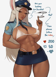 Rule 34 | 1girl, abs, animal ears, arm behind back, belt, belt pouch, between breasts, black nails, blue shirt, boku no hero academia, bra, breasts, cleavage, commentary, cropped shirt, cuffs, dark-skinned female, dark skin, english commentary, english text, female service cap, handcuff dangle, handcuffs, hat, highleg, highleg panties, holy meh, large breasts, like and retweet, long eyelashes, long hair, looking at viewer, meme, micro bra, miniskirt, mirko, nail polish, navel, necktie, panties, parted bangs, parted lips, police, police hat, police uniform, policewoman, pouch, rabbit ears, rabbit girl, red eyes, shirt, short sleeves, skindentation, skirt, solo, stomach, thighs, toned female, twitter strip game (meme), underwear, uniform, very long hair, white bra, white hair, white panties