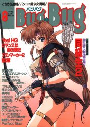 Rule 34 | 1990s (style), 1995, 1girl, arrow (projectile), ass, blue eyes, bow (weapon), bracelet, breasts, brown hair, bugbug, cover, cover page, cowboy shot, dated, gloves, gradient background, highres, holding, holding bow (weapon), holding weapon, jewelry, long hair, low-tied long hair, magazine cover, original, panties, parted lips, pointy ears, quiver, retro artstyle, scan, short sleeves, single glove, solo, thighlet, underboob, underwear, weapon, yoshizane akihiro