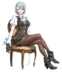 Rule 34 | 1girl, ace attorney, ankle boots, ascot, black gloves, blue eyes, blue gemstone, blue hair, boots, breasts, brown pantyhose, chair, closed mouth, crossed legs, earrings, franziska von karma, gem, gloves, holding, holding whip, ito fumi, jewelry, juliet sleeves, long sleeves, medium breasts, mole, mole under eye, pantyhose, pencil skirt, puffy long sleeves, puffy sleeves, shirt, short hair, simple background, sitting, skirt, solo, swept bangs, v-shaped eyebrows, vest, whip, white background, white shirt