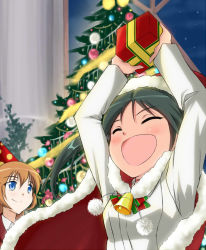 Rule 34 | 2girls, arms up, bell, black hair, blue eyes, charlotte e. yeager, christmas ornaments, christmas tree, closed eyes, francesca lucchini, gift, hat, multiple girls, open mouth, orange hair, party hat, santa hat, sayu (mio-mosa), smile, strike witches, twintails, world witches series