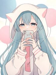 Rule 34 | 1girl, absurdres, animal ears, animal hood, balloon, blue eyes, blue hair, blush, cat ears, cat hood, commentary request, covering own mouth, fake animal ears, hatsune miku, highres, holding, holding phone, hood, hood up, hoodie, long hair, long sleeves, looking at viewer, necktie, phone, solo, sparkle, tie clip, translucent hair, twintails, very long hair, vocaloid, yomiya yumeha