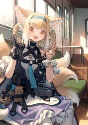 Rule 34 | 1girl, :d, absurdres, animal ear fluff, animal ears, arknights, bare shoulders, black collar, black gloves, blonde hair, blue hairband, braid, braided hair rings, collar, commentary request, double v, dress, fox ears, fox girl, fox tail, frilled dress, frills, gloves, hair rings, hairband, highres, id card, infection monitor (arknights), kitsune, kyuubi, long hair, looking at viewer, material growth, multicolored hair, multiple tails, off-shoulder dress, off shoulder, open mouth, orange eyes, oripathy lesion (arknights), pantyhose, purple dress, single glove, sitting, smile, solo, suzuran (arknights), tail, train interior, twin braids, two-tone hair, v, welt (kinsei koutenkyoku), white hair, white pantyhose