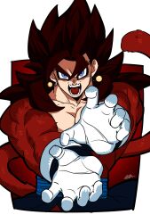 Rule 34 | absurdres, black hair, blue eyes, blue sash, body fur, dougi, dragon ball, dragon ball heroes, earrings, gloves, highres, incoming attack, jewelry, jiajiajiajiaa, kamehameha (dragon ball), long hair, looking at viewer, male focus, monkey boy, monkey tail, muscular, muscular male, no nipples, open mouth, pectorals, potara earrings, red fur, saiyan, sash, spiked hair, super saiyan, super saiyan 4, tail, time patrol (dragon ball), vegetto, vegetto (xeno)