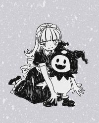 Rule 34 | 1girl, alice (megami tensei), blush stickers, dress, full body, greyscale, hairband, highres, jack frost (megami tensei), kneeling, long hair, looking at viewer, machihazure, mary janes, monochrome, shin megami tensei, shoes, sketch, smile