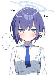 Rule 34 | ..., 1girl, aoi (blue archive), blue archive, blue eyes, blue hair, blue halo, blue necktie, closed mouth, commentary request, halo, highres, murase48, necktie, pointy ears, short hair, solo, spoken ellipsis, upper body, white uniform