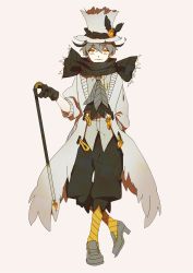 Rule 34 | 1boy, aneco (westsea1227), black feathers, black gloves, black sclera, brown background, cane, coat, colored sclera, cross, crossed legs, earrings, feathers, fur-trimmed scarf, fur trim, gem, gloves, grey coat, grey footwear, grey hair, grey hat, hair between eyes, hand in pocket, hat, hat feather, highres, holding, holding cane, jewelry, looking at viewer, male focus, open clothes, open coat, orange gemstone, original, parted lips, personification, scarf, simple background, slit pupils, socks, solo, watson cross, yellow eyes, yellow footwear