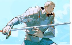 Rule 34 | 1boy, arched back, armor, azisaiharumaki56, blonde hair, blue background, border, breastplate, brush stroke, chromatic aberration, cowboy shot, dungeon meshi, fighting stance, forehead, from side, highres, holding, holding sword, holding weapon, laios touden, looking ahead, male focus, monochrome background, outside border, parted lips, raised eyebrows, short hair, signature, solo, sword, teeth, vambraces, weapon, white border, yellow eyes