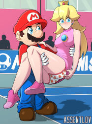Rule 34 | 1boy, 1girl, ass, assentlov, blonde hair, blue eyes, blush, breasts, brooch, brown hair, carrying, carrying person, crown, earrings, embarrassed, facial hair, frown, gloves, hat, highres, jewelry, legs, long hair, looking at another, mario, mario (series), mario tennis, mustache, nintendo, overalls, panties, pink skirt, princess carry, princess peach, shiny skin, skirt, standing, underwear, upskirt, wardrobe malfunction