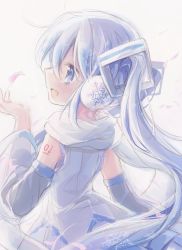 Rule 34 | 1girl, absurdres, bad id, bad twitter id, bare shoulders, blue eyes, blue hair, blue skirt, blush, cherry blossoms, commentary, detached sleeves, earmuffs, falling petals, from behind, hair ornament, hand up, hatsune miku, highres, hitode, light blush, long hair, open mouth, petals, scarf, shirt, shoulder tattoo, skirt, sleeveless, sleeveless shirt, smile, snowflake print, solo, symbol-only commentary, tattoo, twintails, upper body, very long hair, vocaloid, white scarf, white shirt, yuki miku, yuki miku (2011)