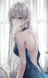 Rule 34 | 1girl, absurdres, back, bare arms, bare back, bare shoulders, black eyes, blue nails, blush, breasts, commentary request, curtains, dress, earrings, ekina (1217), from side, grey hair, hair behind ear, hair between eyes, hair over shoulder, halter dress, halterneck, hand on own shoulder, hand up, highres, indoors, jewelry, long hair, looking at viewer, looking to the side, medium breasts, nail polish, original, parted lips, sidelocks, sleeveless, sleeveless dress, solo, straight hair, unzipped, upper body, white curtains, zipper, zipper dress, zipper pull tab