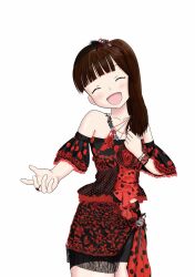 Rule 34 | 1girl, animification, brown hair, closed eyes, detached sleeves, dress, happy, headband, highres, hime cut, imai asami, jewelry, long hair, looking at viewer, lp-oogami, music, necklace, real life, red dress, singing, spotlight, strapless, strapless dress, upper body, white background