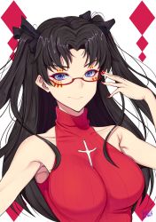 Rule 34 | 10s, 1girl, absurdres, adjusting eyewear, armpits, artist name, band-width, bare shoulders, black hair, black ribbon, blue eyes, breasts, closed mouth, collarbone, eyeshadow, facepaint, fate/extra, fate/stay night, fate (series), glasses, hair ribbon, highres, large breasts, long hair, makeup, nail polish, parted bangs, red-framed eyewear, red nails, red sweater, ribbed sweater, ribbon, semi-rimless eyewear, signature, smile, solo, sweater, tohsaka rin, turtleneck, turtleneck sweater, two side up, under-rim eyewear, upper body, wavy mouth