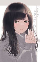 Rule 34 | 1girl, :o, black hair, blurry, blurry background, blush, depth of field, fingers together, green eyes, grey sweater, highres, light smile, long sleeves, looking at viewer, nekoume, original, own hands together, sweater, upper body, wavy hair