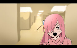 Rule 34 | 1girl, backrooms (creepypasta), bocchi the rock!, ceiling light, cube hair ornament, gotoh hitori, hair ornament, highres, indoors, jacket, looking at viewer, one side up, open mouth, pink hair, pink jacket, pink track suit, solo, tenten (chan4545), track jacket, upper body