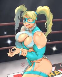 Rule 34 | :p, a.b.singh, absurdres, bare shoulders, blonde hair, blue eyes, breasts, cleavage cutout, clothing cutout, highres, large breasts, mask, muscular, muscular female, rainbow mika, street fighter, tongue, tongue out, twintails, wrestling outfit, wrestling ring