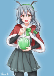 Rule 34 | 1girl, anti (untea9), antlers, arm warmers, bag, ball, black pantyhose, blue background, bow, bowtie, braid, capelet, commentary request, green hairband, grey eyes, hairband, highres, horns, kantai collection, long hair, looking to the side, open mouth, pantyhose, plastic bag, pleated skirt, quality cabbage (meme), shirt, sidelocks, silver hair, simple background, single braid, skirt, smile, solo, suspenders, wavy hair, white shirt, yamagumo (kancolle)