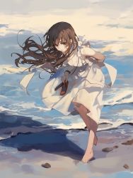 Rule 34 | 1girl, arm behind back, beach, breasts, brown eyes, brown hair, ciloranko, cleavage, dress, highres, holding, holding clothes, holding footwear, looking down, medium breasts, original, sandals, solo, water, white dress