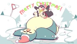Rule 34 | 1girl, animated, animated gif, arms up, artist name, black eyes, black hair, blush, christmas, claws, creatures (company), diives, english text, extra mouth, fangs, feet, full body, furry, game freak, gen 1 pokemon, gen 3 pokemon, hat, lying, mawile, nintendo, on back, open mouth, outdoors, pokemon, pokemon (creature), pokemon rgby, pokemon rse, red headwear, santa hat, scarf, signature, sitting, sitting on person, sleeping, smile, snorlax, snow, snowing, spread legs, teeth, text focus, tree, white background, yellow neckwear