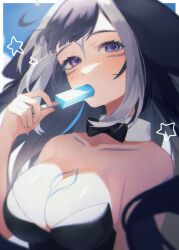 Rule 34 | 1girl, absurdres, ahoge, animal ears, black hair, black leotard, blush, body markings, breasts, cleavage, collar, facial mark, food, gwennvt, heart, heart ahoge, highres, holding, holding food, holding popsicle, indie virtual youtuber, large breasts, leotard, long hair, looking at viewer, multicolored hair, orca girl, playboy bunny, popsicle, purple eyes, shylily, solo, star (symbol), strapless, strapless leotard, streaked hair, virtual youtuber, white collar, white hair