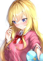 Rule 34 | 1girl, blonde hair, blue eyes, blush, bow, box, closed mouth, collared shirt, commentary request, dress shirt, gabriel dropout, gabriel tenma white, gift, gift box, hair between eyes, hair intakes, hand up, heart, heart-shaped pupils, highres, holding, holding gift, jacket, long hair, long sleeves, looking away, nose blush, pink jacket, red bow, shiero., shirt, simple background, solo, symbol-shaped pupils, upper body, wavy mouth, white background, white shirt