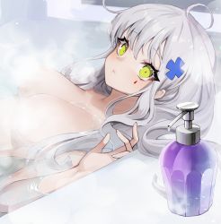Rule 34 | 1girl, ahoge, ankkoyom, bathing, bathtub, blush, breasts, censored, censored nipples, closed mouth, commentary request, convenient censoring, eyelashes, facial mark, from side, girls&#039; frontline, green eyes, hair ornament, highres, hk416 (girls&#039; frontline), indoors, long hair, looking at viewer, looking to the side, medium breasts, nude, pink lips, silver hair, soap bottle, solo, steam, steam censor, water