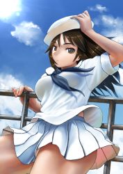 Rule 34 | 10s, 1girl, abazu-red, against railing, black eyes, black hair, blouse, blue neckerchief, blue skirt, closed mouth, cloud, cloudy sky, commentary, cowboy shot, day, dixie cup hat, girls und panzer, hand on headwear, hat, leaning back, lens flare, light frown, long hair, long sleeves, looking at viewer, military hat, miniskirt, murakami (girls und panzer), neckerchief, ooarai naval school uniform, outdoors, pleated skirt, railing, sailor, sailor collar, school uniform, shirt, skirt, sky, sleeves rolled up, solo, standing, sun, sunlight, thighs, white hat, white shirt, white skirt, wind