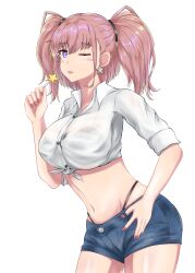 Rule 34 | 1girl, absurdres, atlanta (kancolle), black panties, blue shorts, breasts, brown hair, buttons, candy, denim, denim shorts, earrings, food, highleg, highleg panties, highres, holding, holding candy, holding food, holding lollipop, jewelry, kantai collection, large breasts, lollipop, long hair, midriff, navel, nipa (graf xsr900), one eye closed, panties, purple eyes, red nails, shirt, short shorts, shorts, single earring, sleeves rolled up, solo, star (symbol), star earrings, tied shirt, tongue, tongue out, two side up, underwear, white shirt