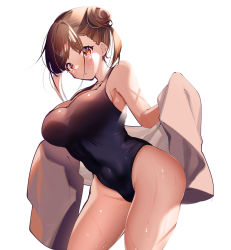 Rule 34 | 1girl, :o, blush, breasts, brown hair, covered navel, double bun, groin, hair bun, highres, holding, holding towel, idolmaster, idolmaster shiny colors, large breasts, looking at viewer, nihakusanren, one-piece swimsuit, school swimsuit, simple background, solo, sonoda chiyoko, swimsuit, towel, twintails, water drop, white background, white towel