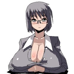 Rule 34 | artist request, blush, breasts, character request, cleavage, glasses, grey eyes, grey hair, huge breasts, large breasts, lowres, oekaki, office lady, solo