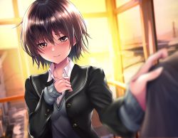 Rule 34 | 1boy, 1girl, absurdres, amagami, black hair, black jacket, blurry, blurry foreground, blush, breasts, brown eyes, building, city, collarbone, commentary, dress shirt, embarrassed, foreshortening, grey sweater, hair between eyes, hair strand, hand on another&#039;s shoulder, highres, indoors, jacket, kibito high school uniform, nanasaki ai, nervous, nose blush, railing, rairaisuruyo, raised eyebrows, reaching, reaching towards viewer, school uniform, shirt, short hair, small breasts, solo focus, sunset, sweater, upper body, wavy mouth, white shirt, window
