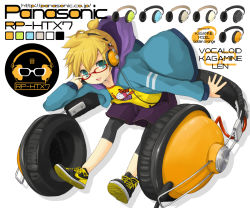 Rule 34 | 1boy, aqua eyes, bad id, bad pixiv id, bespectacled, blonde hair, glasses, headphones, hood, hooded jacket, jacket, kagamine len, ligretto, male focus, product placement, shorts, smile, solo, vocaloid