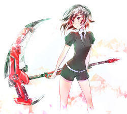 Rule 34 | 1girl, black hair, black necktie, black shirt, black shorts, cosplay request, cropped legs, gem uniform (houseki no kuni), highres, holding, holding weapon, houseki no kuni, iesupa, legs apart, looking to the side, necktie, puffy short sleeves, puffy sleeves, red eyes, red hair, ruby rose, rwby, scythe, shirt, short hair, short shorts, short sleeves, shorts, simple background, solo, standing, weapon, white background